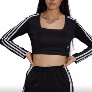 Adidas Crop Top Black White Womens Size Medium Primeblue Trendy 3 Stripe